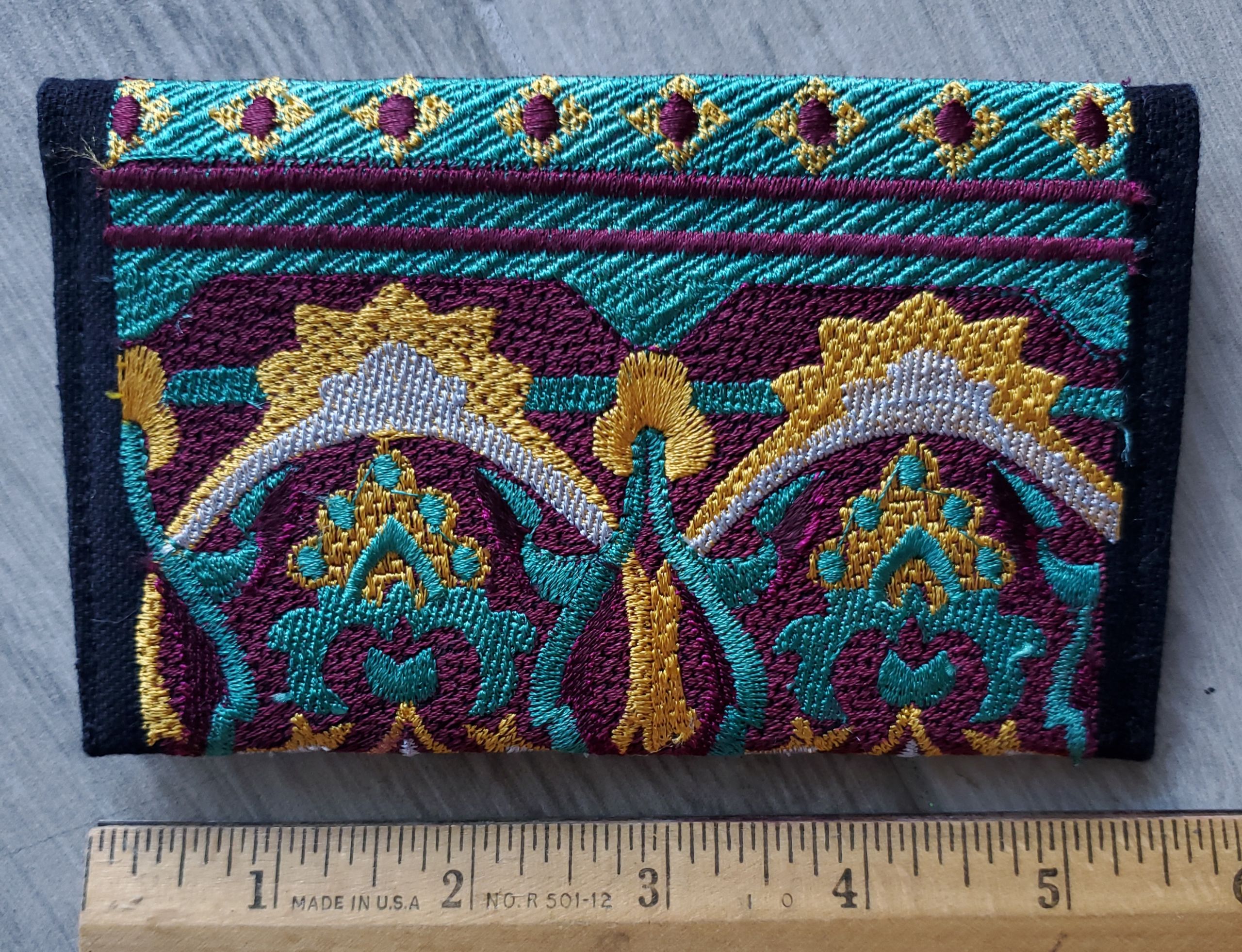 small-tapestry-wallet-burgundy-aqua-back-Jen's-Bag-embroidered-bag